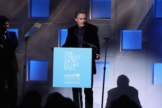Liam Neeson speaks on stage at 11th Annual UNICEF Snowflake Ball
