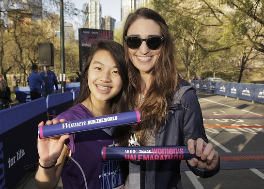 Sara Bareilles and her mentee Kimberly Dao from NYRR's Run for the Future program kick off the Women Run The World Relay