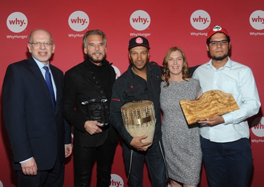 Seth Saltzman, ASCAP Senior Vice President; musician Kenny Loggins; rock musician Tom Morello; Noreen Springstead, WhyHunger Executive Director; partner honoree Raul Amorim of Brazil's Landless Movement