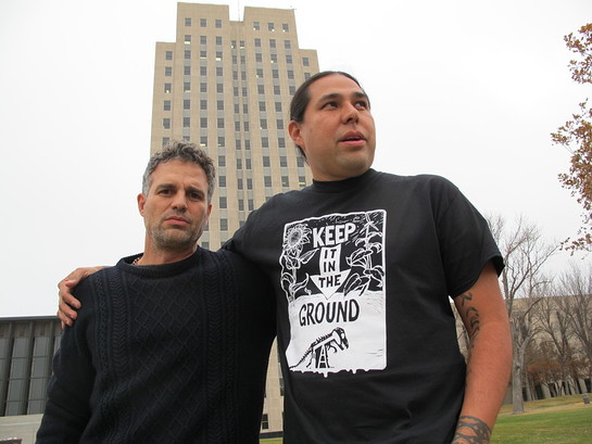 Actor-activist Mark Ruffalo poses with Dallas Goldtooth, of the Indigenous Environmental Network, outside the state Capitol in Bismarck, N.D., Tuesday, Oct. 25, 2016. Actor-activist Mark Ruffalo poses with Dallas Goldtooth, of the Indigenous Environmental Network, outside the state Capitol in Bismarck, N.D., Tuesday, Oct. 25, 2016.