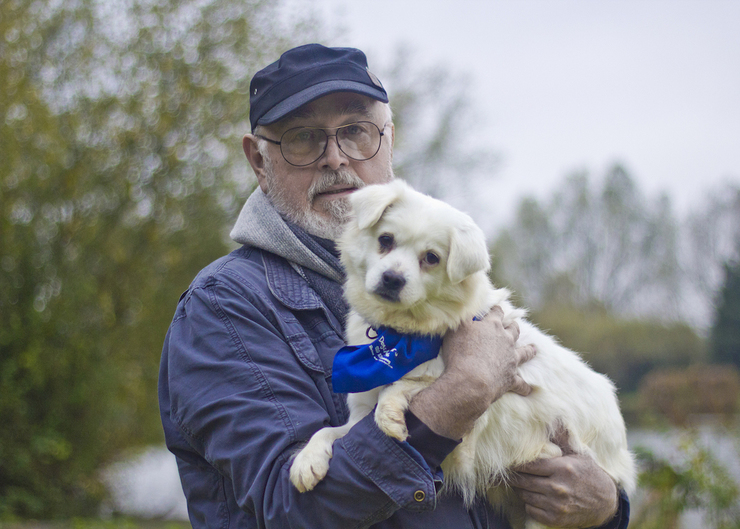 Peter Egan with rescued dog Hope, who Humane Society International saved from China's Yulin dog meat festival in June 2016; now at All Dogs Matter awaiting adoption in the UK