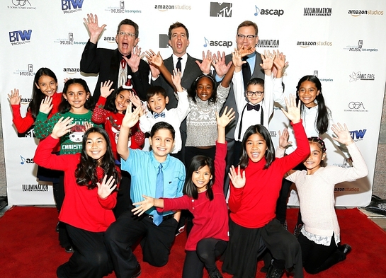 Ed Helms and Teacher Richard Meyer pose with Host Andy Richter and students on the red carpet at Education Through Music-Los Angeles' 11th Annual Benefit