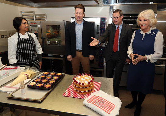 The Duchess of Cornwall with chef Meera, Jamie Oliver and Hugh Fearnley-Whittingstall