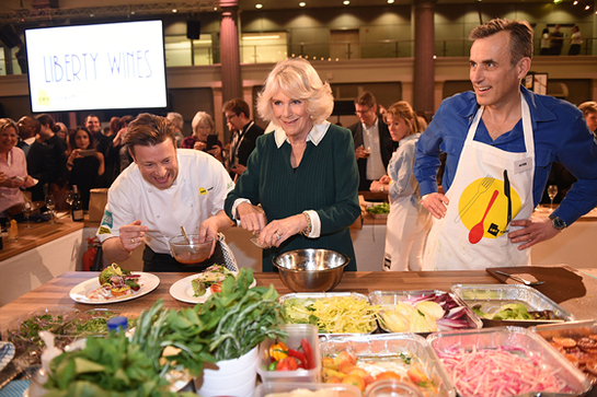 The Duchess of Cornwall with chef Jamie Oliver and and Peter Harding at the UK CEO CookOff