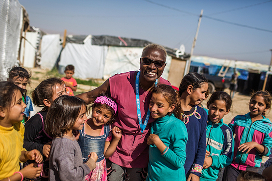 Angelique Kidjo engages with children in the Housh el Refka informal settlement, Bekaa Valley