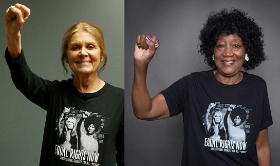 Gloria Steinem and Dorothy Pitman Hughes wear #EqualRightsNow t-shirts