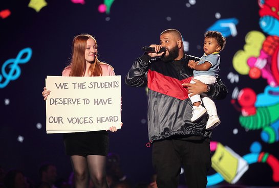 DJ Khaled and son Asahd Tuck Khaled speak onstage during the XQ Super School Live