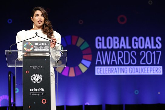 Priyanka Chopra speaks on stage at The Goalkeepers Global Goals Awards