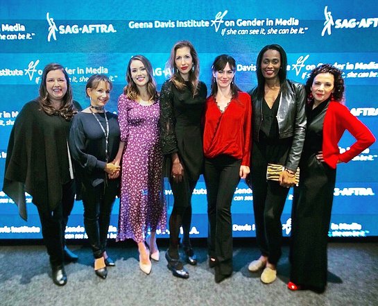 SAG-AFTRA Executive Vice President and New York President Rebecca Damon, SAG-AFTRA President Gabrielle Carteris, Megan Boone, Alysia Reiner, Maggie Siff, Swin Cash and Geena Davis Institute CEO Madeline Di Nonno