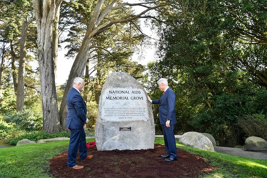 The National AIDS Memorial dedicates a boulder in honor of President Bill Clinton during World AIDS Day observances in San Francisco. 