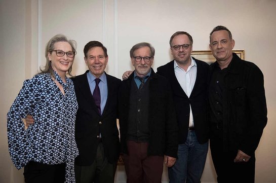 Meryl Streep, Peter Price, Stephen Spielberg, Christophe Deloire and Tom Hanks attend the Reporters Without Borders (RSF) premiere of The Post in Paris