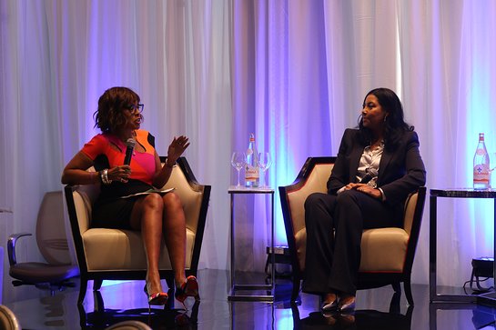 Gayle King and Cookie Johnson start off the panel discussion at the NBWA Women's Empowerment Summit Luncheon on Saturday, February 17, 2018