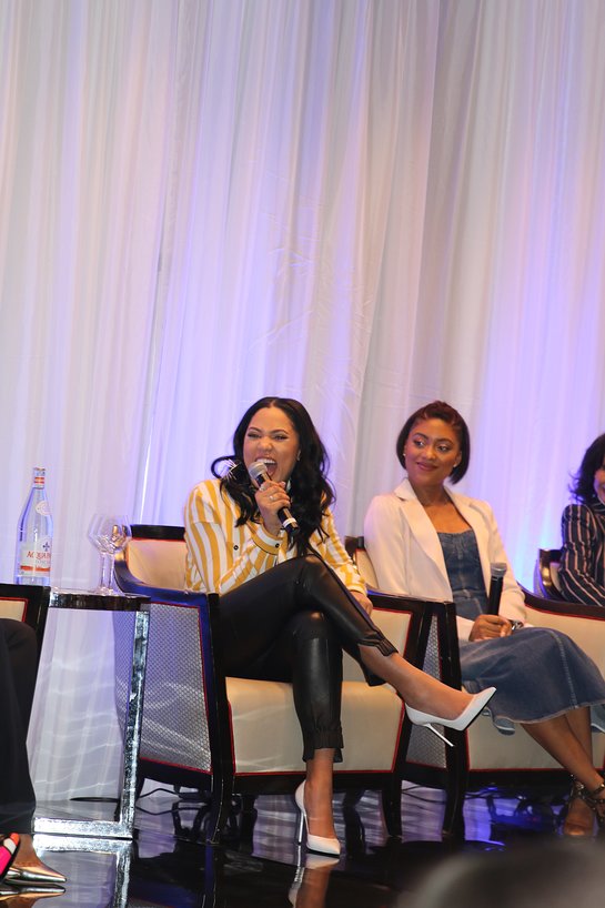 Ayesha Curry cracks a laugh during the panel at the NBWA Women's Empowerment Summit Luncheon on Saturday, February 17, 2018