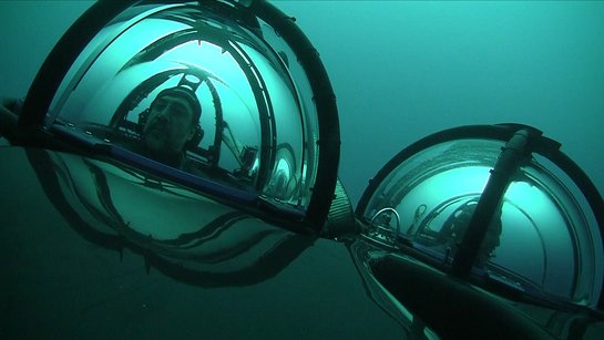 Underwater photo of Javier Bardem in the Greenpeace Submarine in the Antarctic