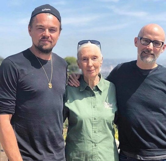 Jane Goodall with Leonardo DiCaprio and Moby