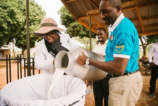 Uzo Aduba and William Matovu collect milk at the East Africa Dairy Development project in Dwaniro, Uganda