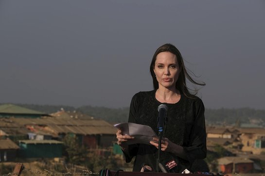 Angelina Jolie speaks at a press conference in Bangladesh's Kutupalong refugee camp