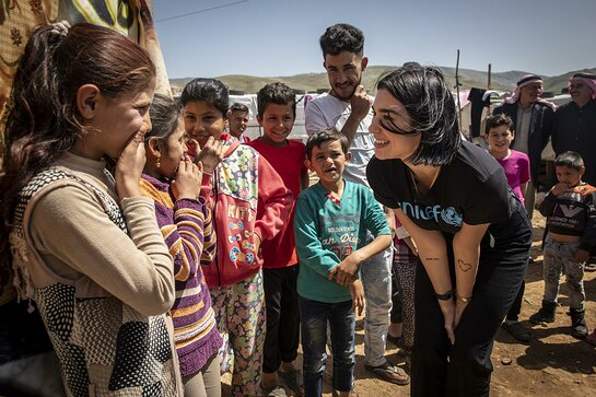 Dua Lipa visits children in an informal settlement near Terbol in the Bekaa Valley, Lebanon