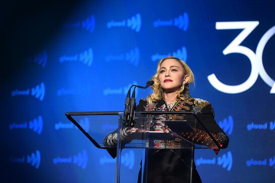 Madonna speaks onstage during the 30th Annual GLAAD Media Awards New York