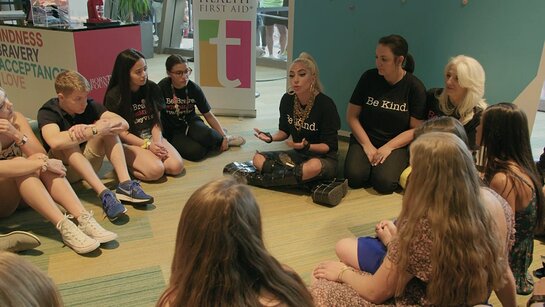 Lady Gaga with students from teen Mental Health First Aid program