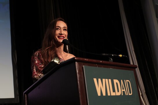 Maggie Q speaks on stage at the WildAid Gala on November 9, 2019.