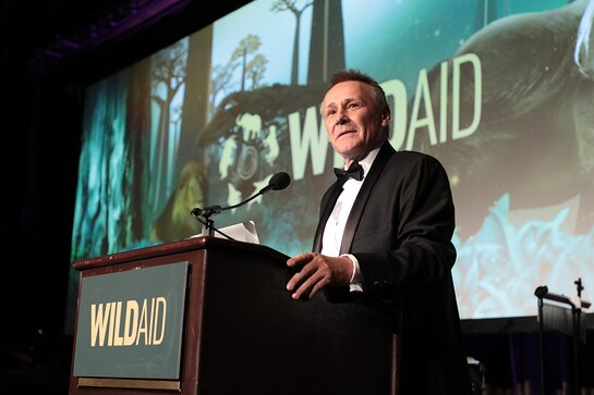 Peter Knights speaks on stage at the WildAid Gala on November 9, 2019.