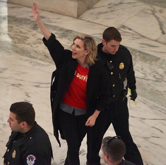 June Raphael was arrested for civil disobedience at the November 16th Fire Drill Friday event.