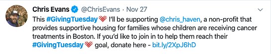 Chris Evans is supporting Chris Haven on Giving Tuesday. Chris Evans is supporting Chris Haven on Giving Tuesday.