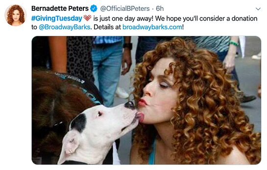 Bernadette Peters is raising awareness for Broadway Barks. Bernadette Peters is raising awareness for Broadway Barks.