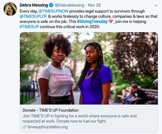 Debra Messing is supporting TIME'S UP Foundation this Giving Tuesday. Debra Messing is supporting TIME'S UP Foundation this Giving Tuesday.