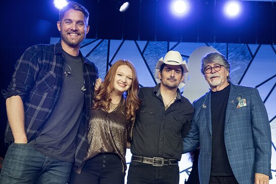 Brett Young, St. Jude patient Addie, Brad Paisley and Randy Owen at the St. Jude Country Cares Seminar