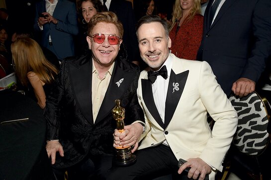 Elton John and David Furnish attend the 28th Annual Elton John AIDS Foundation Academy Awards Viewing Party