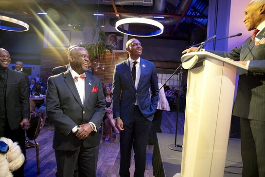 Jason Farmer and AC Wharton congratulate Penny Hardaway on receiving the 2020 Spirit of the Dream Award 