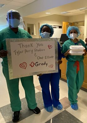 Grady frontline staff were excited to receive gourmet meals, courtesy of Tyler Perry Studios Grady frontline staff were excited to receive gourmet meals, courtesy of Tyler Perry Studios