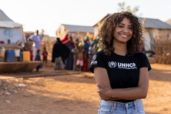 Kat Graham visiting refugees in Melkadida camp, Ethiopia, in July 2019