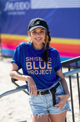 Janel Parrish attends the Shiseido Blue Project's West Coast beach cleanup