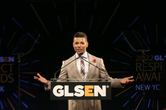 Wilson Cruz speaks onstage during The 2022 GLSEN Respect Awards at Gotham Hall