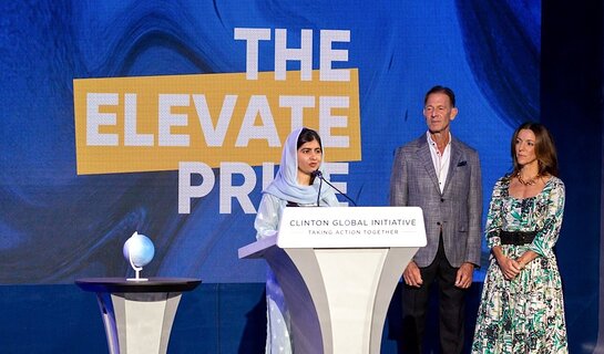 Malala Yousafzai receiving the 2022 Elevate Prize Catalyst Award at the Clinton Global Initiative
