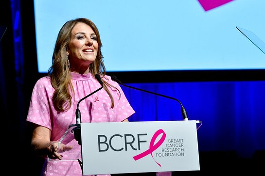 Elizabeth Hurley speaks onstage during the Breast Cancer Research Foundation (BCRF) New York Symposium & Awards Luncheon Elizabeth Hurley speaks onstage during the Breast Cancer Research Foundation (BCRF) New York Symposium & Awards Luncheon