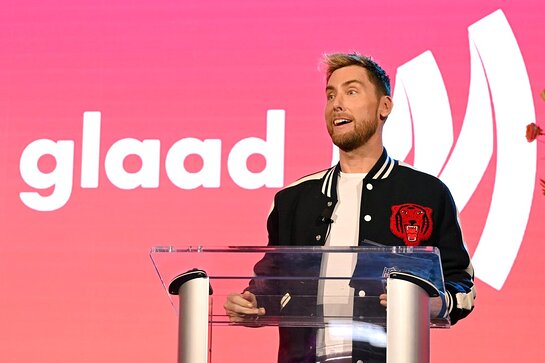 Lance Bass speaks onstage at a Night of Pride with GLAAD and NFL