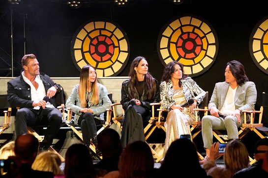 Alan Ritchson, Jordana Brewster, Michelle Rodriguez and Sung Kang with CTAOP auction winner (2nd from L) speak on stage during Charlize Theron's Africa Outreach Project Block Party