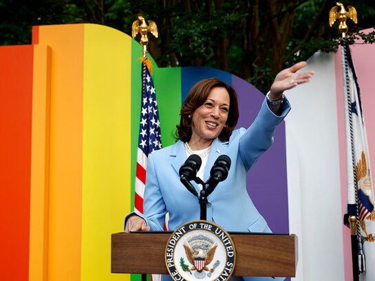 Vice President Kamala Harris speaks onstage during a Pride Celebration