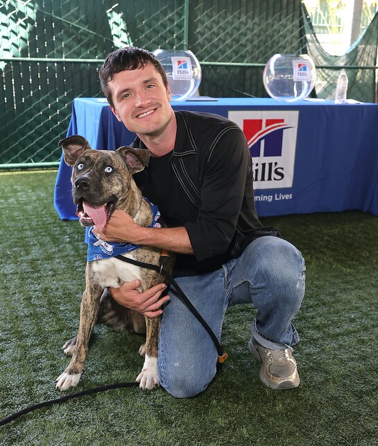 Josh Hutcherson with Lula, a dog rescued from the LA Wildfires by Pasadena Humane.