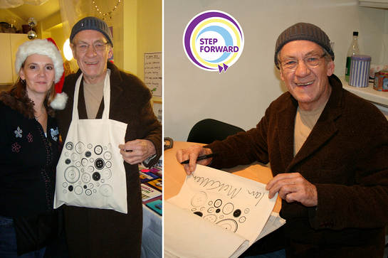 Sir Ian McKellen signs bags for Step Forward