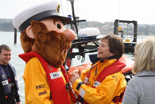 RNLI mascot Stormy Stan with Celia Imrie