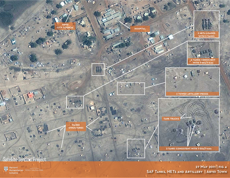 SAF tanks, HETs and artillery in Abyei town 27 May 2011
