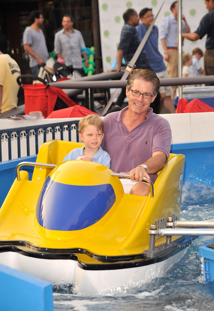 Baby Buggy supporter Kyle MacLachlan enjoying a water ride with his son Callum at the Baby Buggy Bedtime Bash