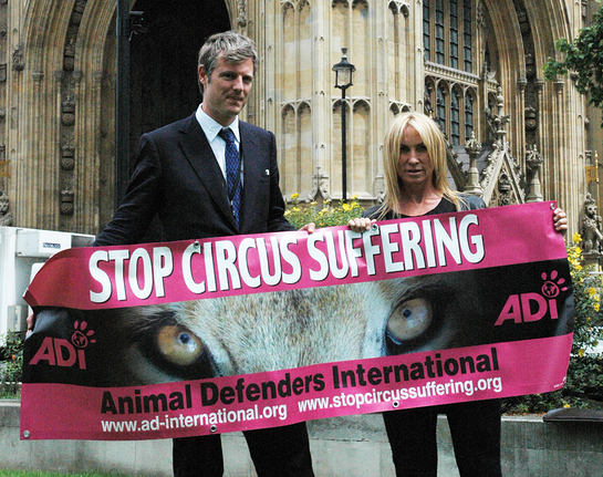Zac Goldsmith MP and celebrity designer and ADI Ambassador Meg Mathews at Parliament on the day of the historic victory Zac Goldsmith MP and celebrity designer and ADI Ambassador Meg Mathews at Parliament on the day of the historic victory