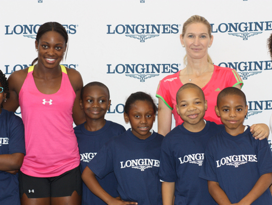 Sloane Stephens, Stefanie Graf and children from Harlem Junior Educational Center At Longines Center Court for Kids 