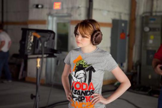 Emma Stone prepares to channel Princess Leia for a Star Wars re-enactment video for Stand Up To Cancer